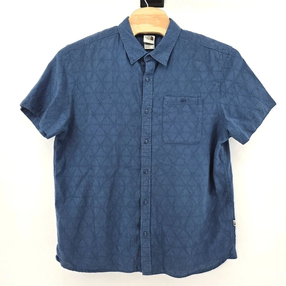 The North Face Mens Blue Textured Cotton Hemp Short Sleeve Button Down Shirt XL